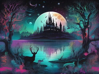 Magic forest with ancient castle, moon, deer and lake