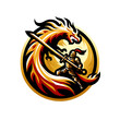 Dynamic logo featuring a stylized, fiery dragon intertwined with a sword, set within a circular golden frame.
