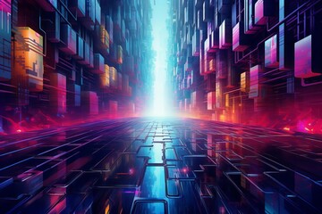 An abstract digital painting of a city street with a glowing blue sky