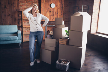 Sticker - Photo of lovely retired woman look confused stack carton boxes wear casual clothes cozy home interior living room in brown warm color