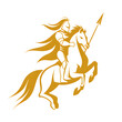 Elegant vector illustration of a female knight with flowing hair, gallantly riding a horse, rendered in a striking golden style.
