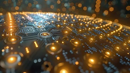 Fototapete - Detailed view of a circuit board illuminated by multiple lights, showing intricate patterns and connections.