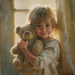 Young Child Smiling with Beloved Teddy Bear. A charming young child smiles warmly, clutching a teddy bear in a cozy, sunlit room, exuding comfort and happiness.
