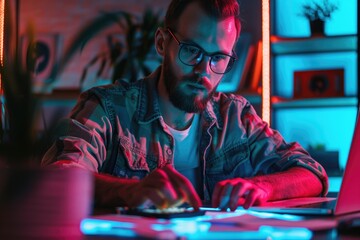 Poster - A man sitting in front of a laptop computer. Can be used for technology concepts