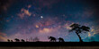 Silhouette Elephant traveling on the ground at night,Panorama blue night sky milky way and star on dark background.Universe filled with stars, nebula and galaxy with noise and grain.