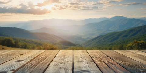 empty table top dais wooden podium platform and mountain background for hiking tourism outdoor trave