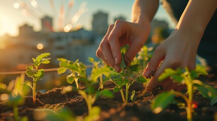 Wall Mural - Hands plant vibrant greenery in a small pot on a balcony. Hands arrange plants in a pot against an urban backdrop during golden hour.