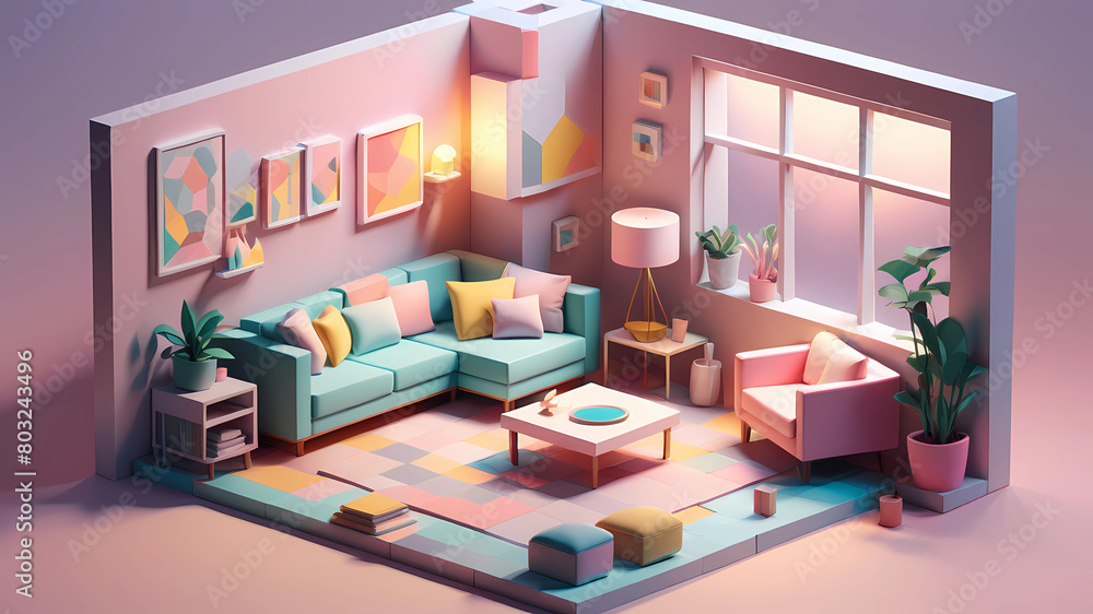 cube cutout of an isometric living room, 3d art, pastel colors, soft ...