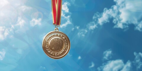 Wall Mural - A shiny gold medal hanging from a vibrant red ribbon. Ideal for awards and achievements