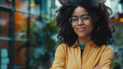 Poster - A woman wearing glasses and a yellow shirt. Suitable for various lifestyle and fashion concepts