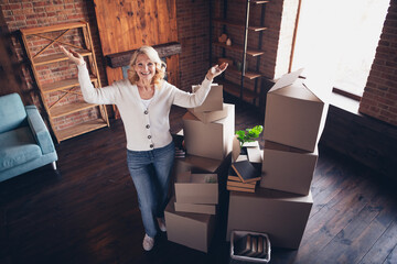 Sticker - Above view full body photo of aged lady raise hands wear white cardigan loft interior house indoors