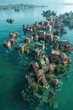 A coastal city submerged underwater, showcasing the rising sea levels and displacement of populations