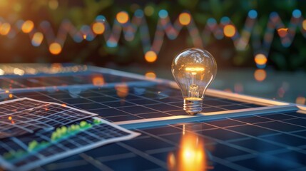 Wall Mural - a conceptual image of a lightbulb over a solar panel array, surrounded by financial documents and gr
