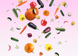 Different fresh vegetables in air on pink gradient background