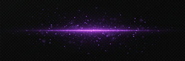 Wall Mural - Purple flash of light. A horizontal line with a glare and a bright explosion. On a transparent background.