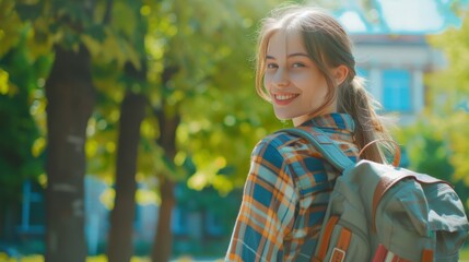 Wall Mural - Beautiful student woman with backpack and books outdoor. Smile girl happy carrying a lot of book in college campus. Portrait female on international University. Education, study, school