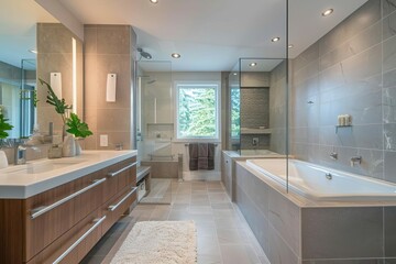 Wall Mural - sleek modern bathroom with gray tiles contemporary interior design architecture photography