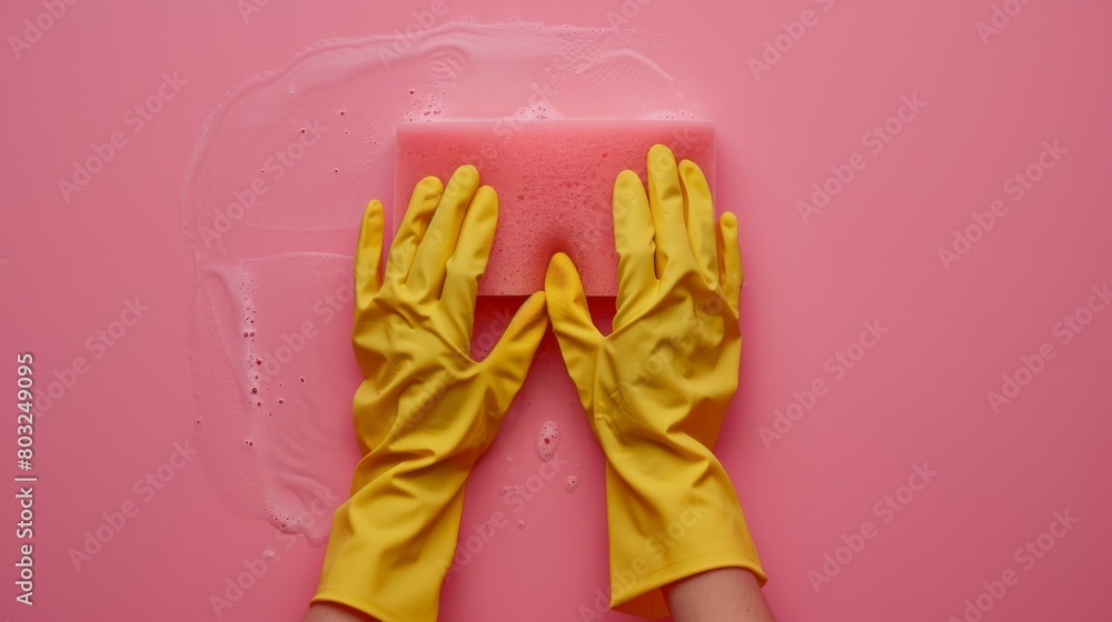 Pair of hands in yellow rubber gloves scrubbing with a sponge against a ...