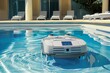Modern robotic pool cleaner navigates the clear waters of a luxurious outdoor swimming pool, ensuring hygiene and cleanliness under a bright, sunlit sky with lounge chairs in the background
