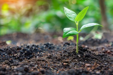 A small green plant is emerging from the soil, showing the beginning of growth and life