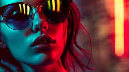 Wall Mural - Close-up portrait of a stylish young woman in neon light with sunglasses