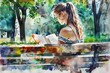© Lucija - teenage girl reading book on park bench enjoying summer weather and intriguing novel watercolor illustration