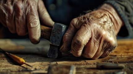 Poster - Close up shot of a person holding a hammer. Suitable for construction and DIY projects