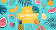 Hello summer! Colorful background with tropical leaves and fruits. Template banner, poster, header for web site. Hand drawn summer design elements. Vector illustration