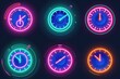 Set of neon clocks on black background. Suitable for time management concepts