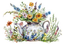 A Beautiful Watercolor Painting Of A Teapot Filled With Colorful Flowers. Ideal For Kitchen Decor Or Tea-related Designs