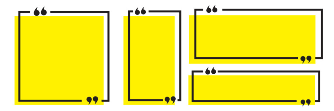 Quote box frame set. Blank quote boxes for text. Quotation bubble frame template with yellow background. Quote text in speech bubble. Quote bubble testimonial banners. Text in brackets. 11:11