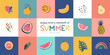 Enjoy every moment of summer, relax and enjoy. Template for summer banner, poster, website header and more. Hand drawn fruits and tropical leaves. Vector illustration