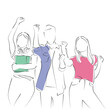 Hand drawn line art vector of teenager standing together carrying books and headphones. Excited young students. Students protest.