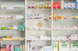 Pharmacy drugstore shelves interior blur medical background