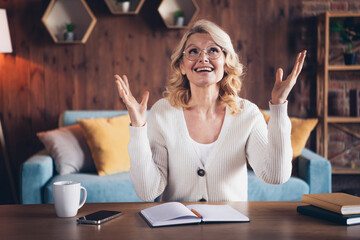 Poster - Portrait of aged lady raise arms look up toothy smile wear white cardigan loft interior house indoors