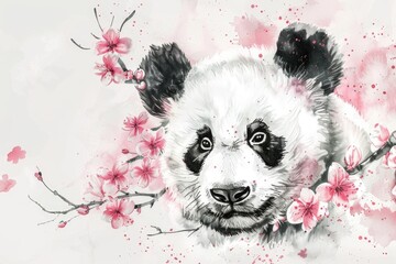 Canvas Print - A painting of a panda bear surrounded by flowers. Ideal for nature and wildlife concepts