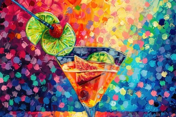 Sticker - A painting of a classic martini with a lime garnish. Suitable for bar menus or cocktail advertisements