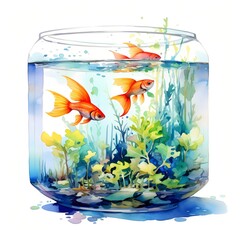 Wall Mural - Aquarium. Aquarium in jar. Tropical fish clipart. Watercolor illustration. Generative AI. Detailed illustration.