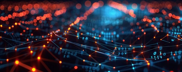 Digital abstract backdround for technological operations, neural networks, AI, data transmission and encryption, digital archives, audio and visual representations, scientific research. Copy space