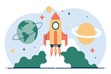 Wall Mural - cartoon of a rocket on a space journey near earth and saturn