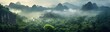 © Murda - A forest with a misty, foggy atmosphere. The trees are lush and green, and the sky is cloudy