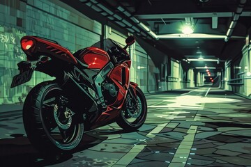 Canvas Print - A red motorcycle parked in a tunnel, suitable for transportation concepts