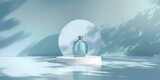 Fototapeta  - Cosmetic glass bottle, luxury product on stage with white pedestal in light blue background. Product presentation
