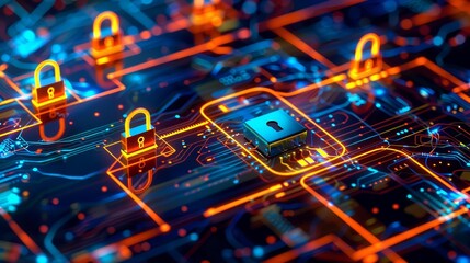 An illustration of a computer chip with a lock symbol on it. The chip is orange and the background is blue. The image represents the security of computer chips.