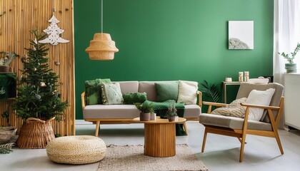 Canvas Print - Modern living room interior, minimalistic, beautiful green walls, cozy furniture