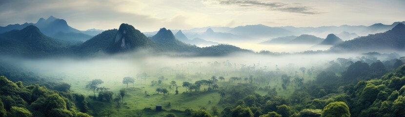 Poster - Fog-Enveloped Forest Creates a Serene Atmosphere Amidst Lush Greenery