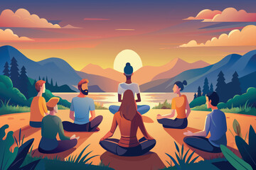 A tranquil scene of a group meditating outdoors as the sun rises over mountains