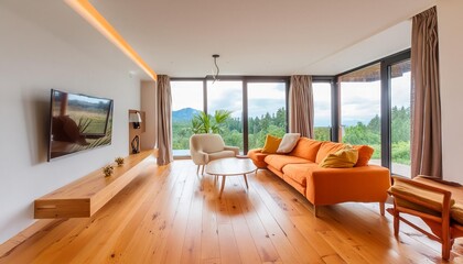 Canvas Print - Modern living room interior, minimalistic, simple colorful walls, cozy furniture