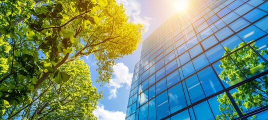 Wall Mural - Modern cityscape  sustainable glass office building with tree in eco friendly urban environment