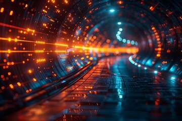 Canvas Print - this image captures a tunnel enhanced with vivid lighting and reflective surfaces, giving off a futu